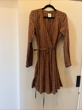 Son De Flor custom Mini long sleeve linen wrap dress brown tartan